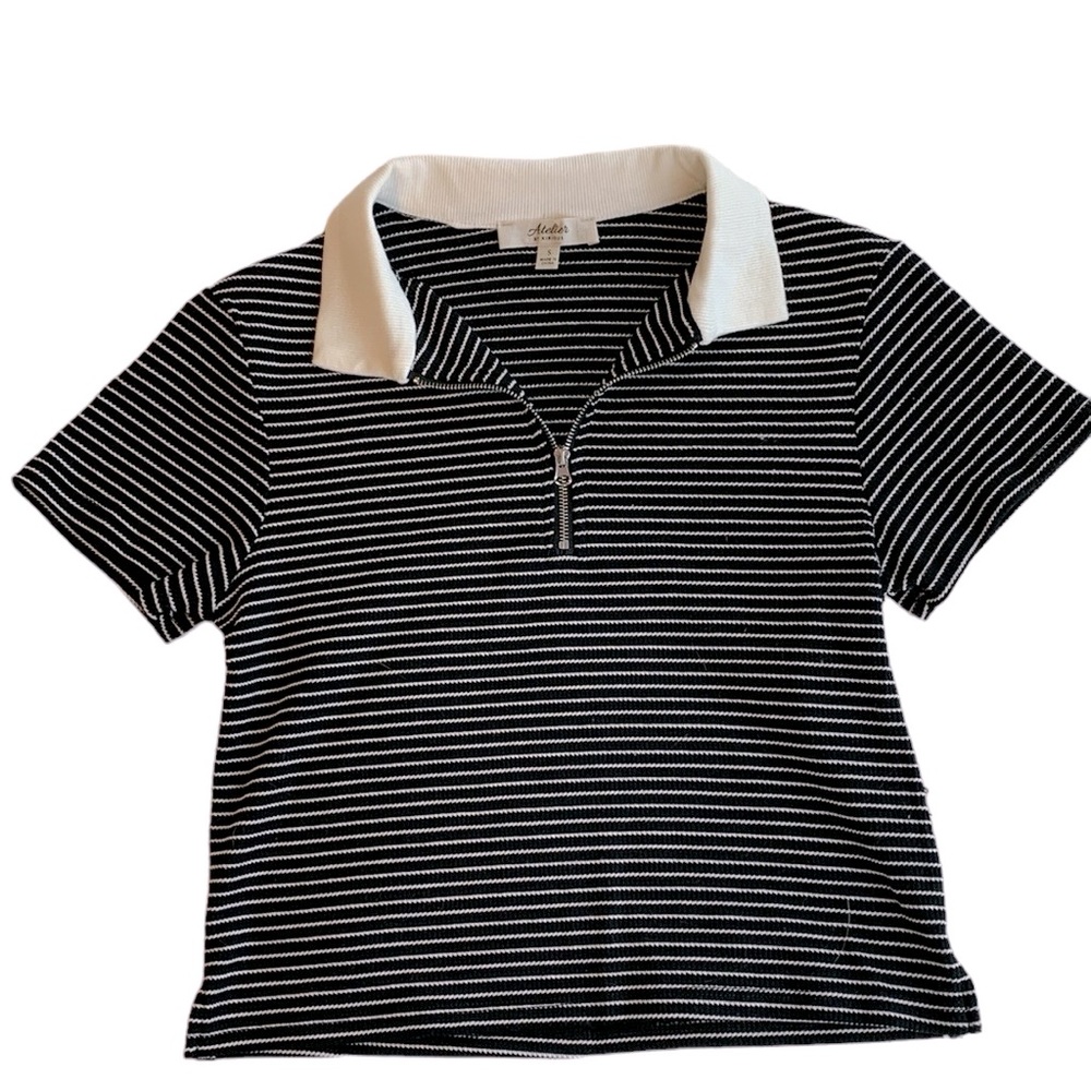 NWT Atelier by kirious black and white striped crop top zip collar